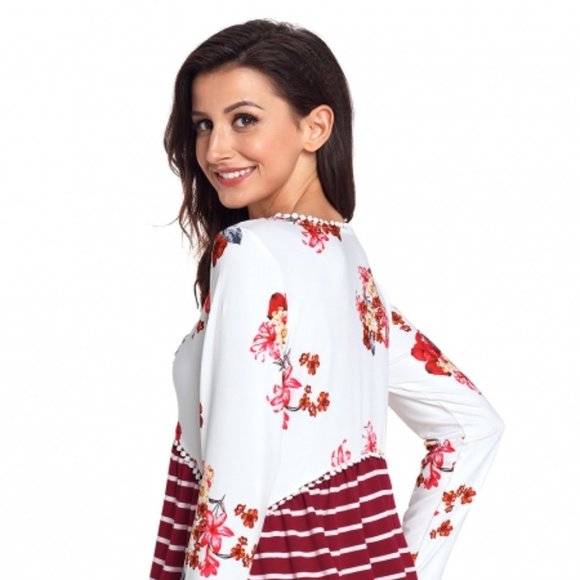 Sizes L/XL NWOT Wine Floral Striped Babydoll Tunic - Picture 2 of 3